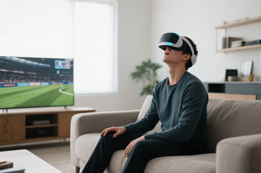 A person wearing a sleek generic VR headset sitting on a comfortable sofa in a modern living room, looking up in awe, experiencing virtual sports viewing