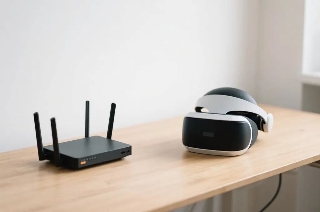 A minimalist workspace showing a generic virtual reality headset and a modern internet router on a clean wooden desk, symbolizing high-speed connectivity